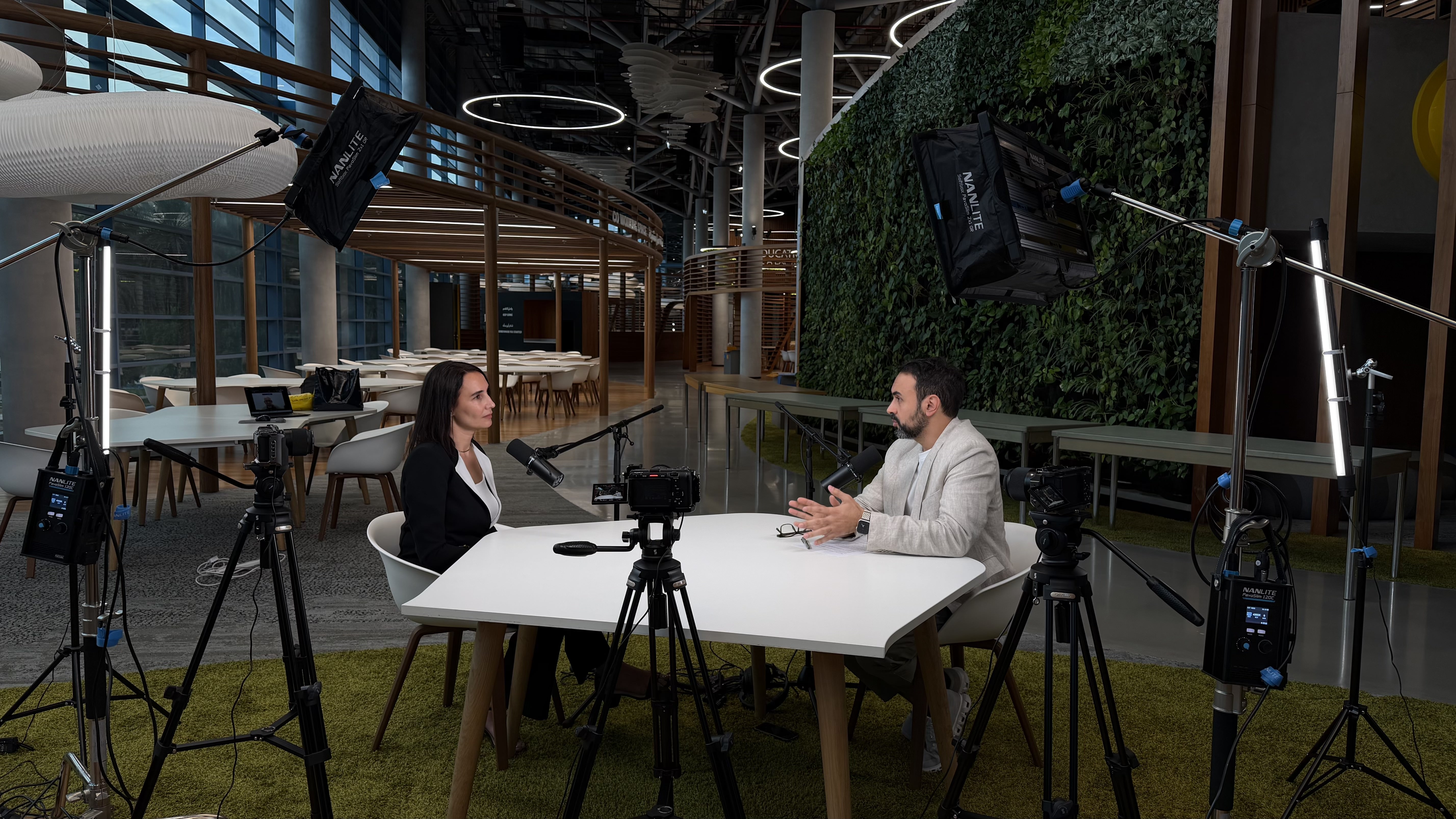Mobile podcast production setup with cinema cameras, lighting and two hosts in Dubai