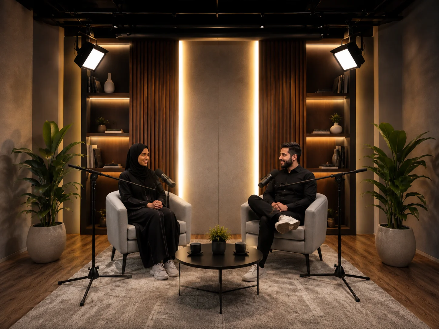 Mobile podcast studio interior with two hosts