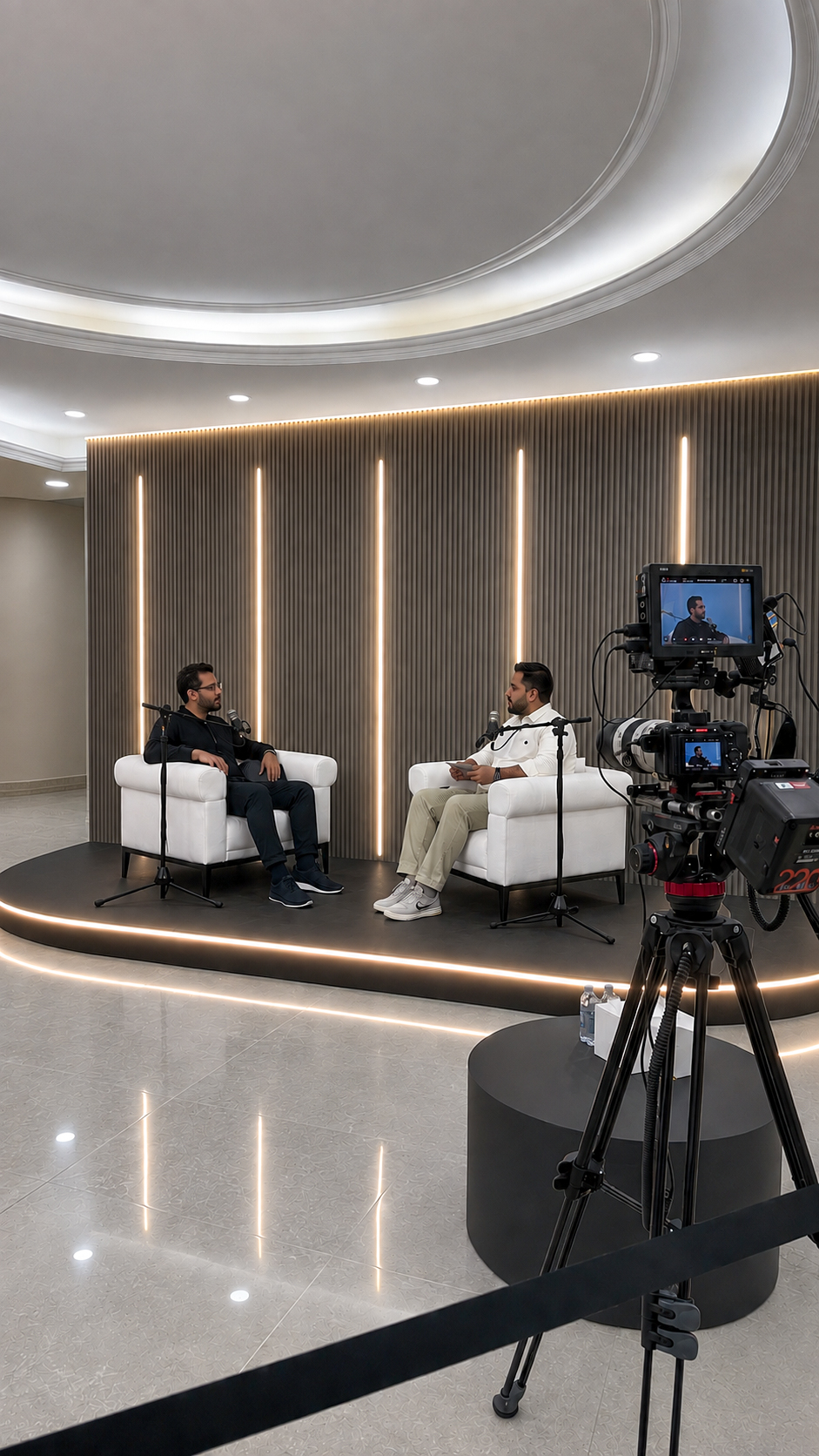 On-site podcast recording with three speakers and cinema cameras