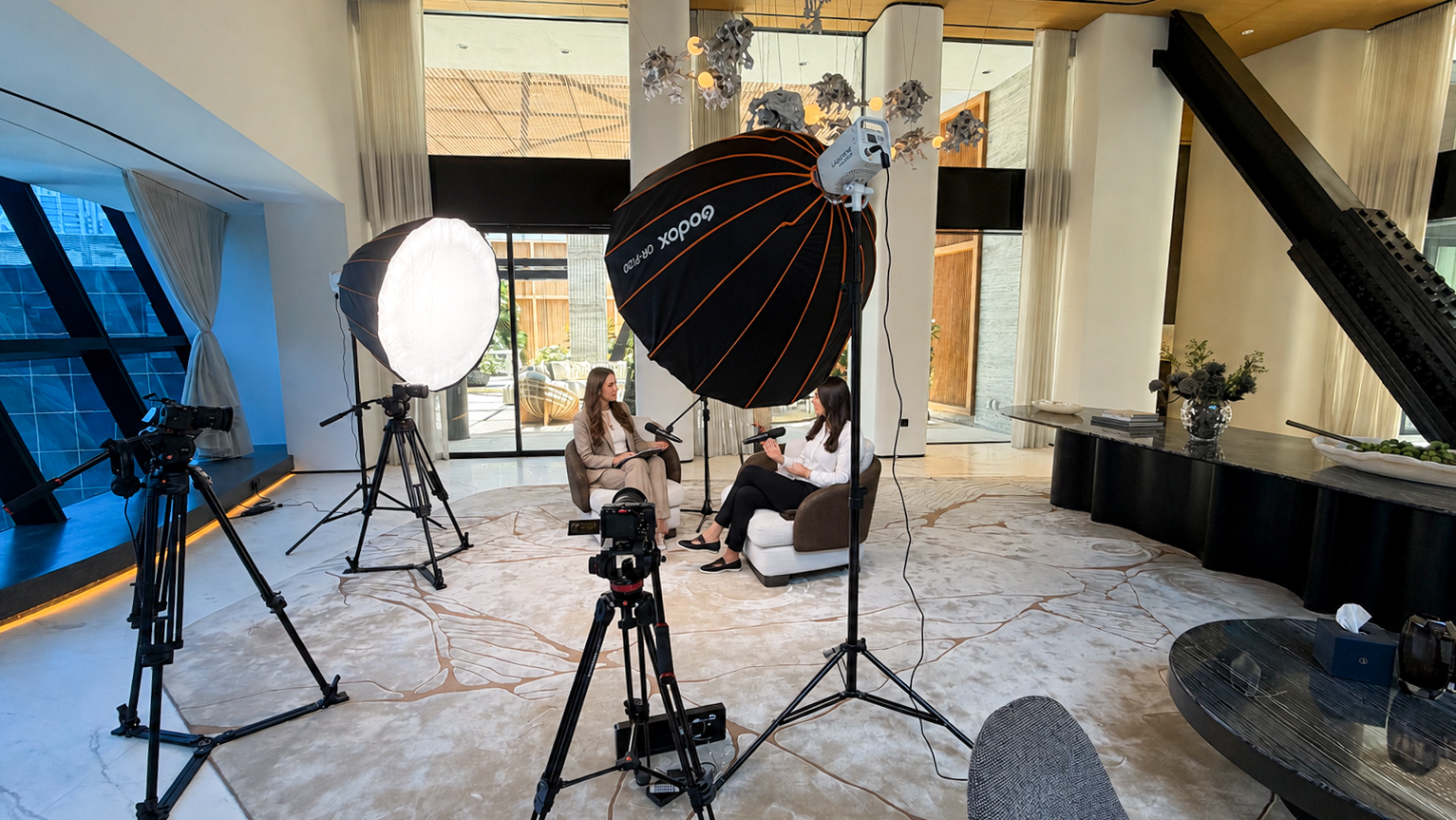Three-camera podcast production setup in a Dubai office